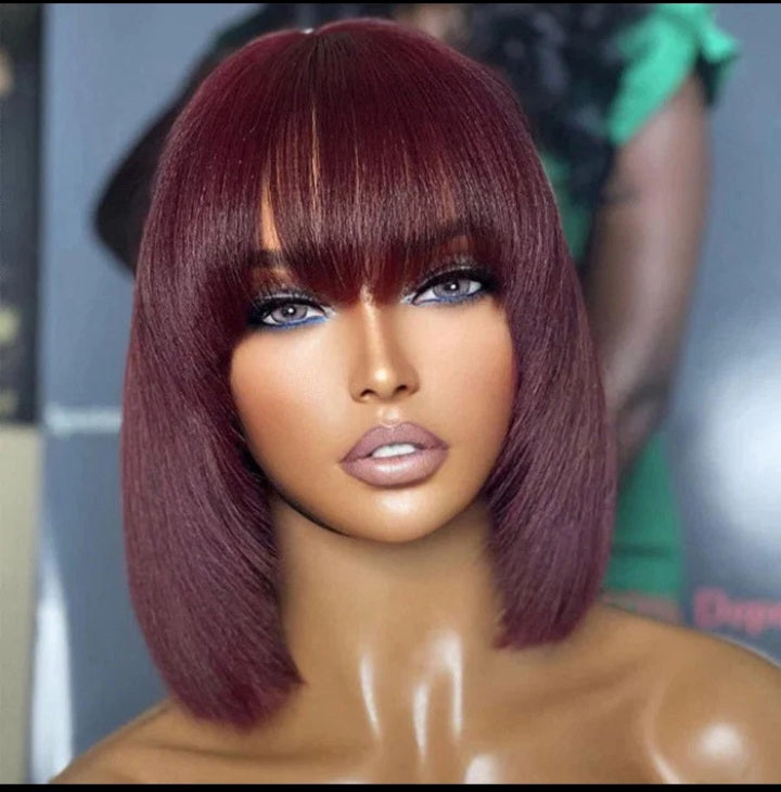 PJ Yaki Hair 150% Density: Reddish Purple Layered Cut Minimalist Lace Bob Wig Yaki Straight #99J (10inches)