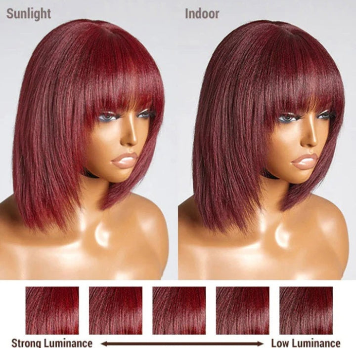 PJ Yaki Hair 150% Density: Reddish Purple Layered Cut Minimalist Lace Bob Wig Yaki Straight #99J (10inches)