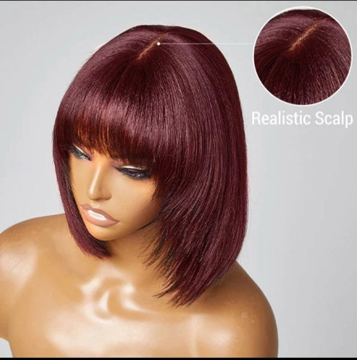 PJ Yaki Hair 150% Density: Reddish Purple Layered Cut Minimalist Lace Bob Wig Yaki Straight #99J (10inches)